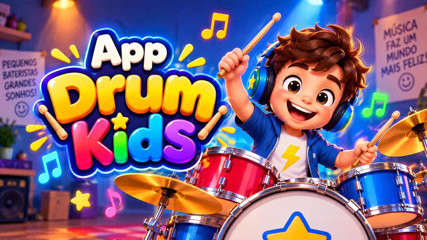 App Drum Kids com uma bateria virtual colorida para crianças tocarem e brincarem